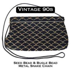 Beaded Evening Bag VTG 90s Black Gold Scallop Art Deco Clutch Crossbody Chain